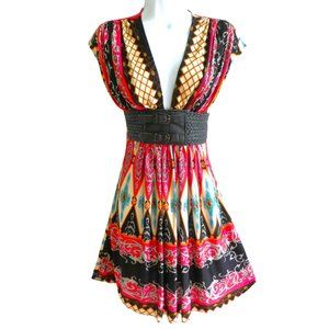 SiLK Knit Sky Brand Geo Art To Wear Wide Basket Weave Belt Plunging V Neck USA